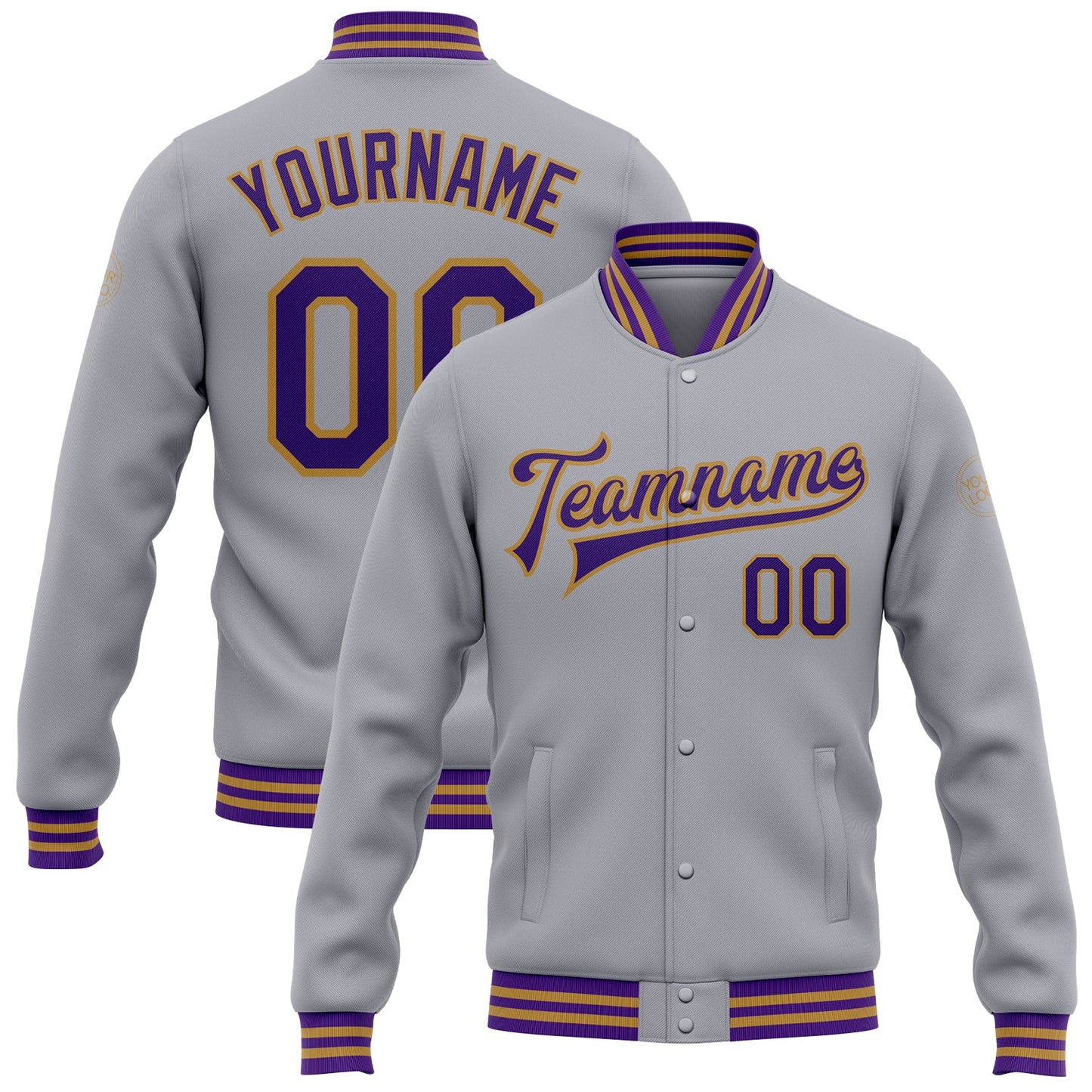 Custom Gray Purple-Old Gold Bomber Full-Snap Varsity Letterman Jacket - Main View