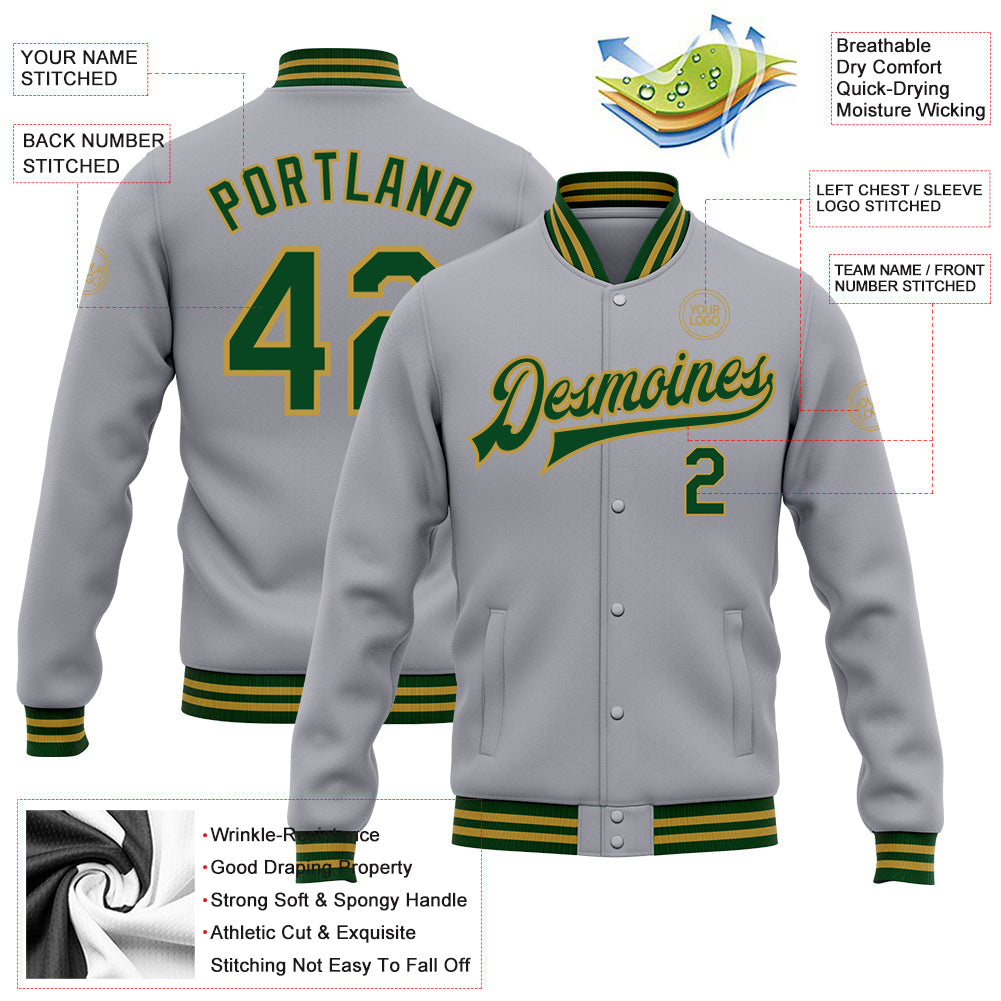 Custom Gray Green-Old Gold Bomber Full-Snap Varsity Letterman Jacket view 4
