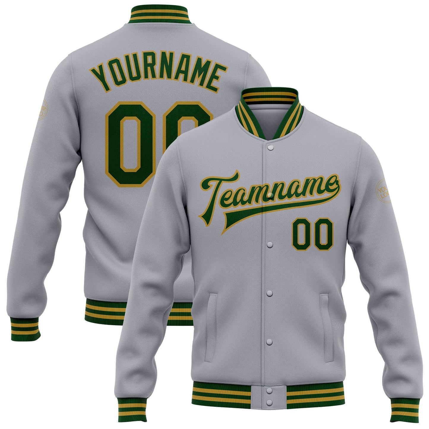 Custom Gray Green-Old Gold Bomber Full-Snap Varsity Letterman Jacket - Main View