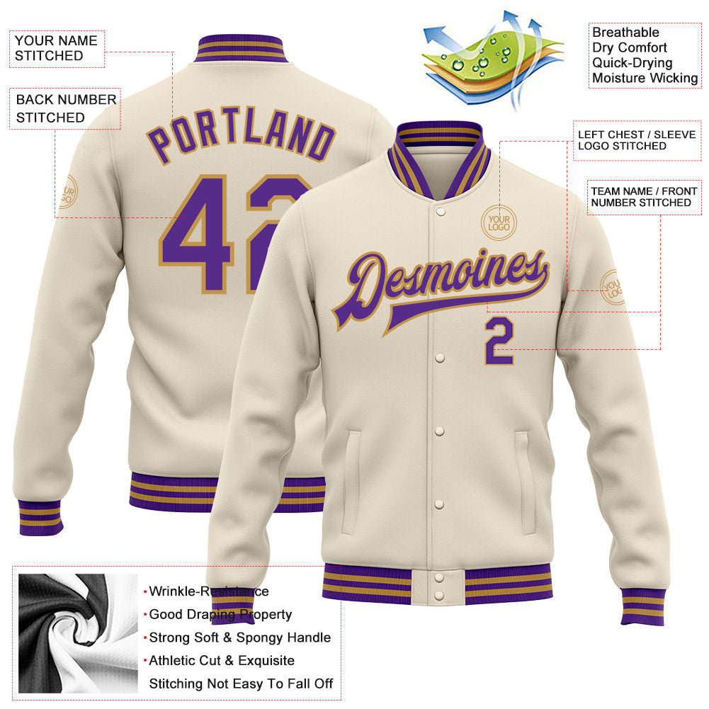 Custom Cream Purple-Old Gold Bomber Full-Snap Varsity Letterman Jacket view 4