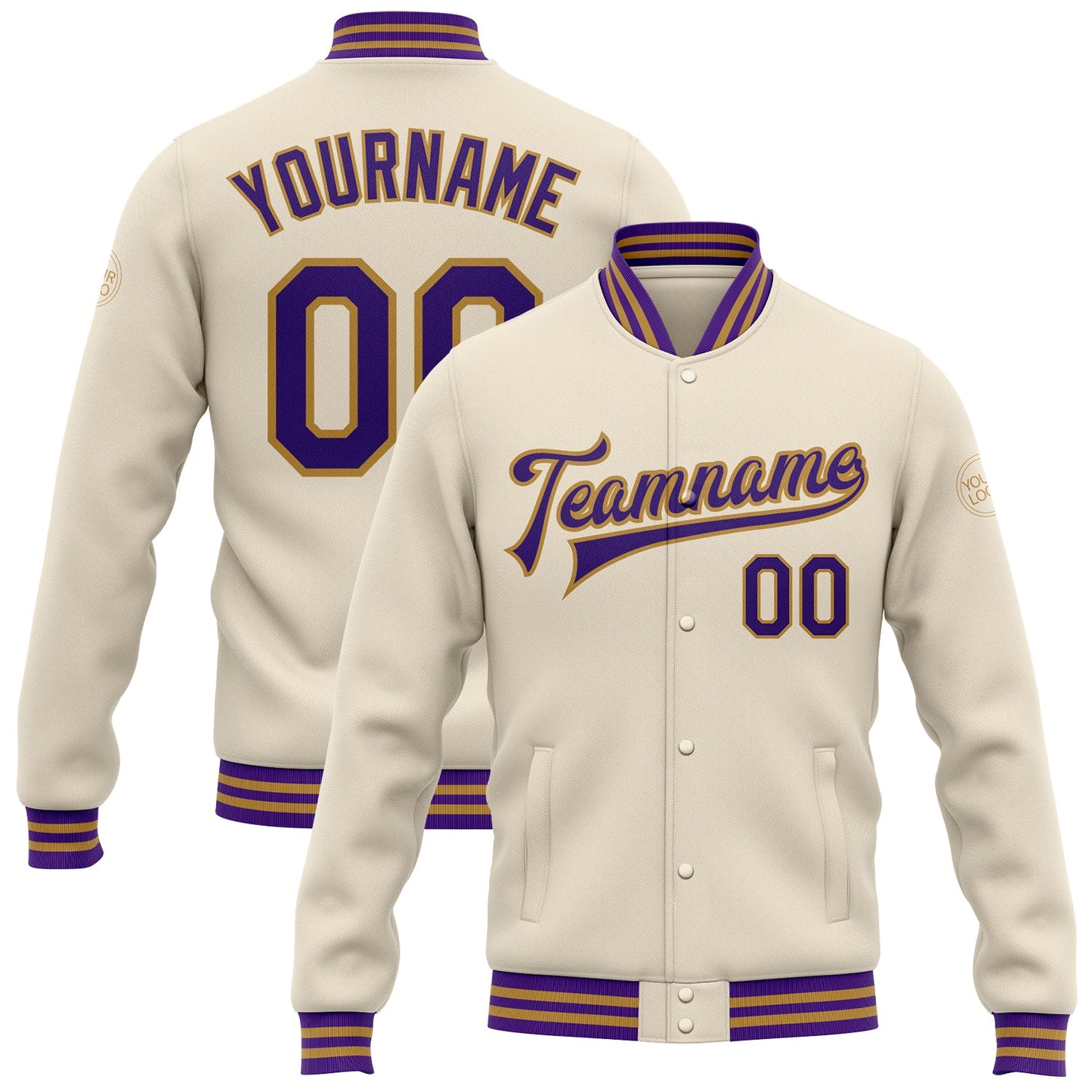 Custom Cream Purple-Old Gold Bomber Full-Snap Varsity Letterman Jacket - Main View