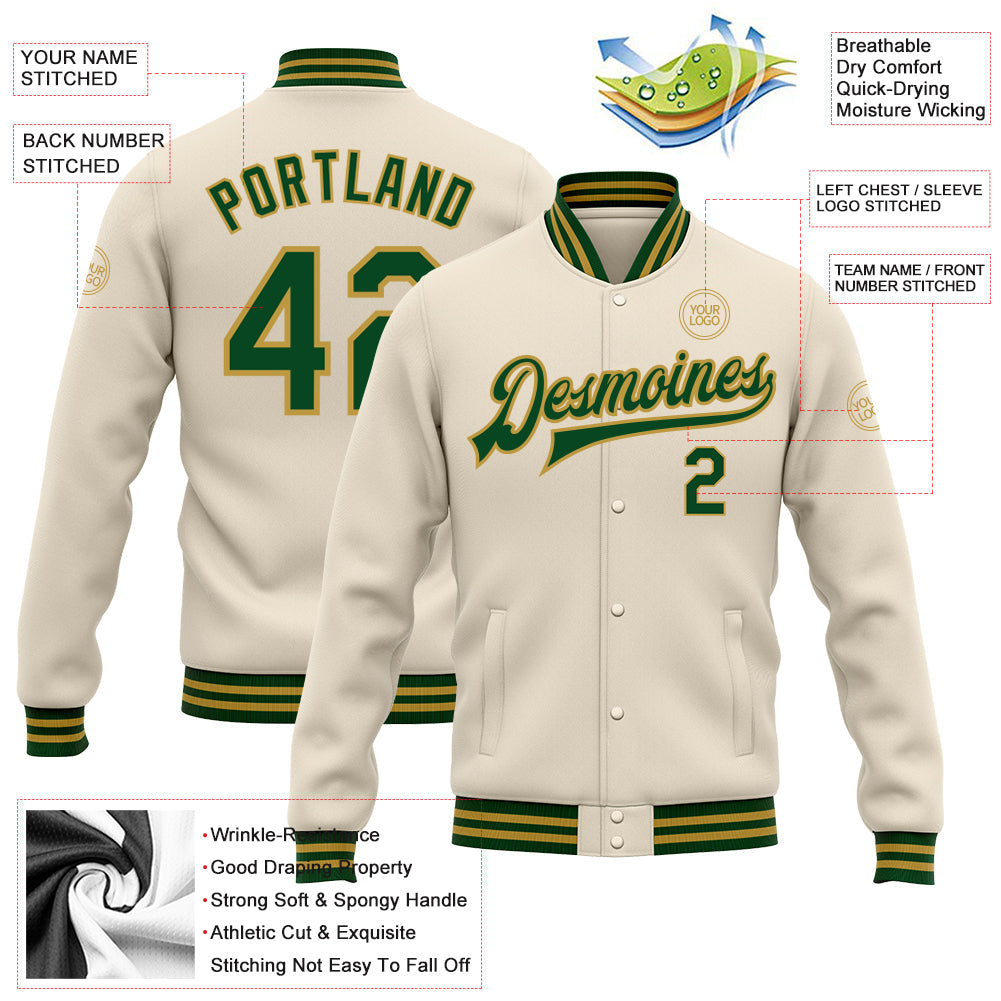Custom Cream Green-Old Gold Bomber Full-Snap Varsity Letterman Jacket view 4