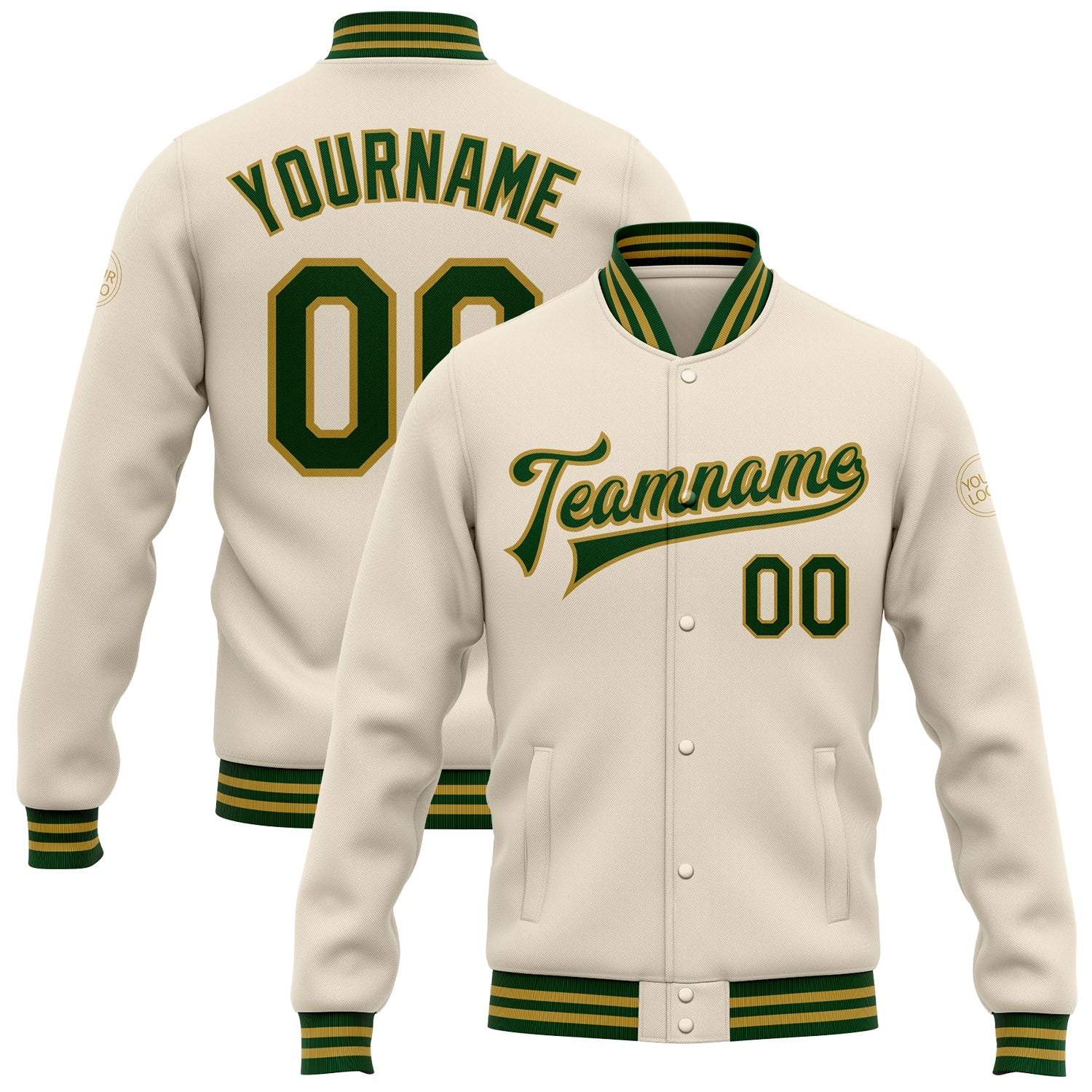 Custom Cream Green-Old Gold Bomber Full-Snap Varsity Letterman Jacket - Main View