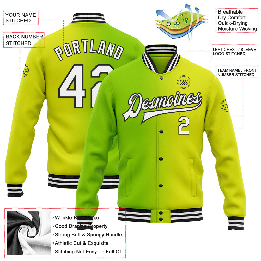 Custom Neon Yellow White Neon Green-Black Bomber Full-Snap Varsity Letterman Gradient Fashion Jacket view 4
