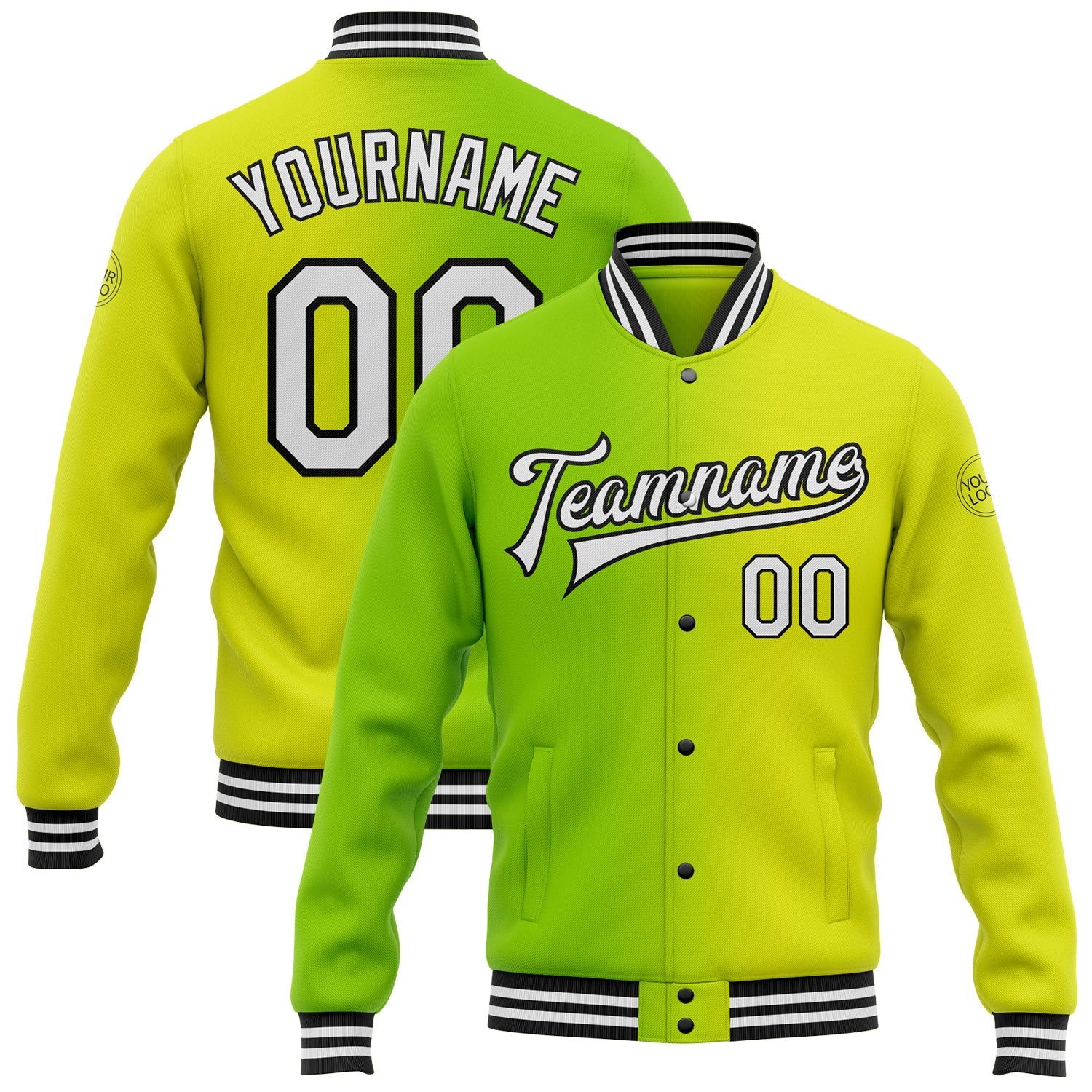 Custom Neon Yellow White Neon Green-Black Bomber Full-Snap Varsity Letterman Gradient Fashion Jacket - Main View