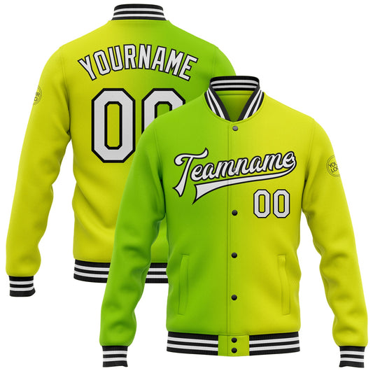 Custom Neon Yellow White Neon Green-Black Bomber Full-Snap Varsity Letterman Gradient Fashion Jacket - Main View