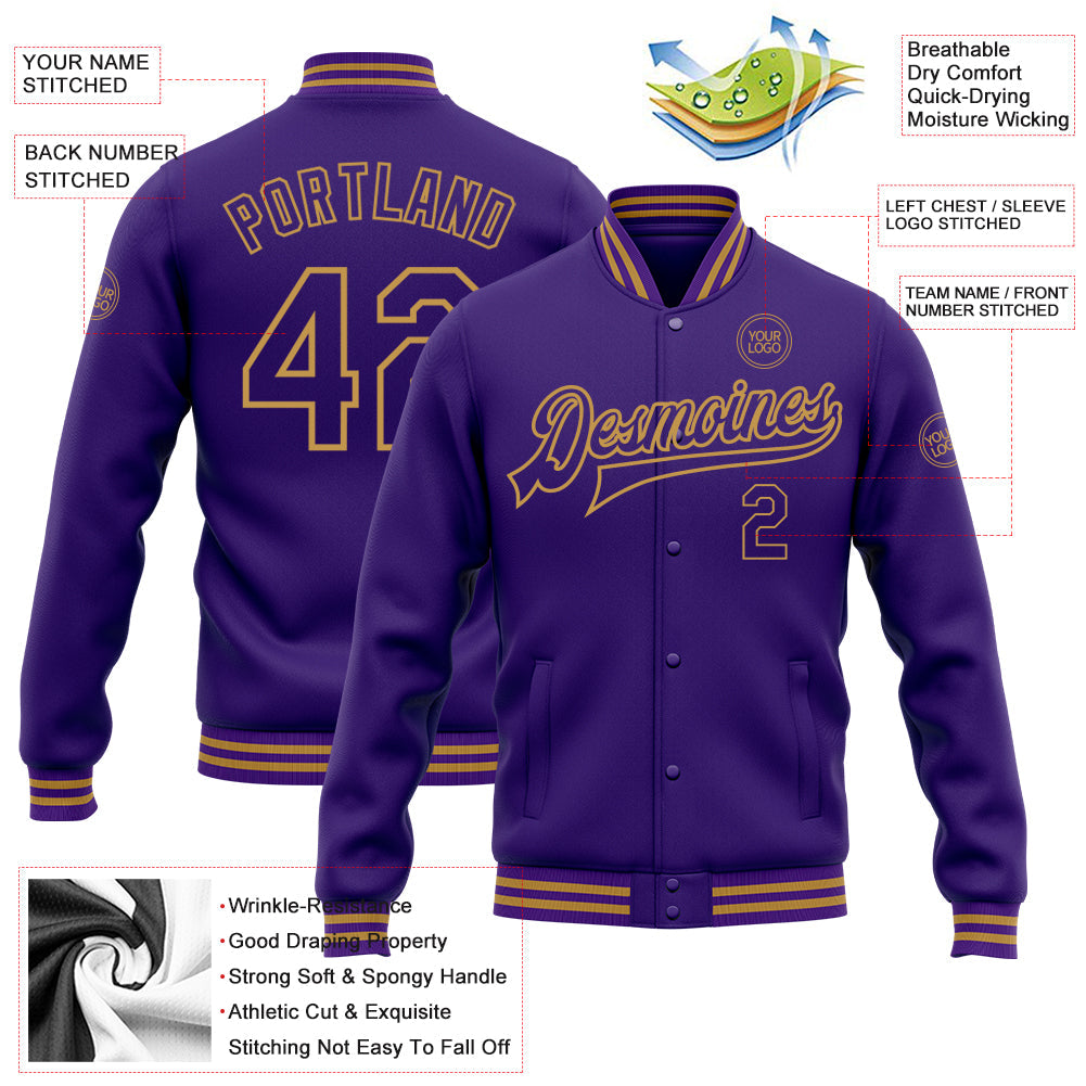 Custom Purple Old Gold Bomber Full-Snap Varsity Letterman Jacket view 4