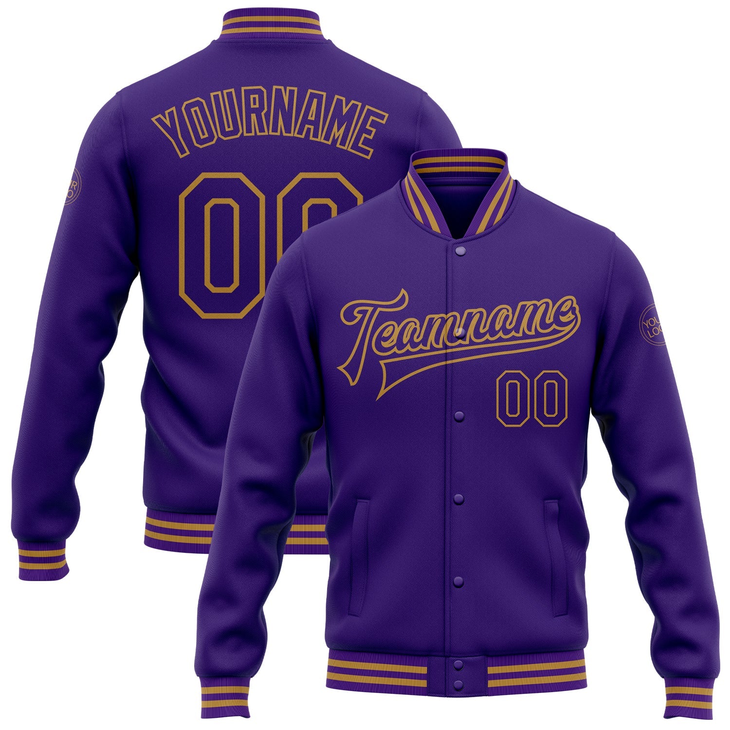 Custom Purple Old Gold Bomber Full-Snap Varsity Letterman Jacket - Main View