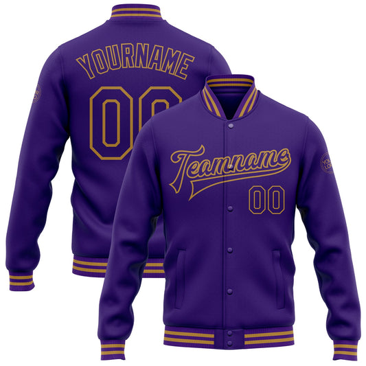 Custom Purple Old Gold Bomber Full-Snap Varsity Letterman Jacket - Main View