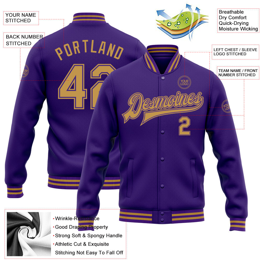 Custom Purple Old Gold Bomber Full-Snap Varsity Letterman Jacket view 4