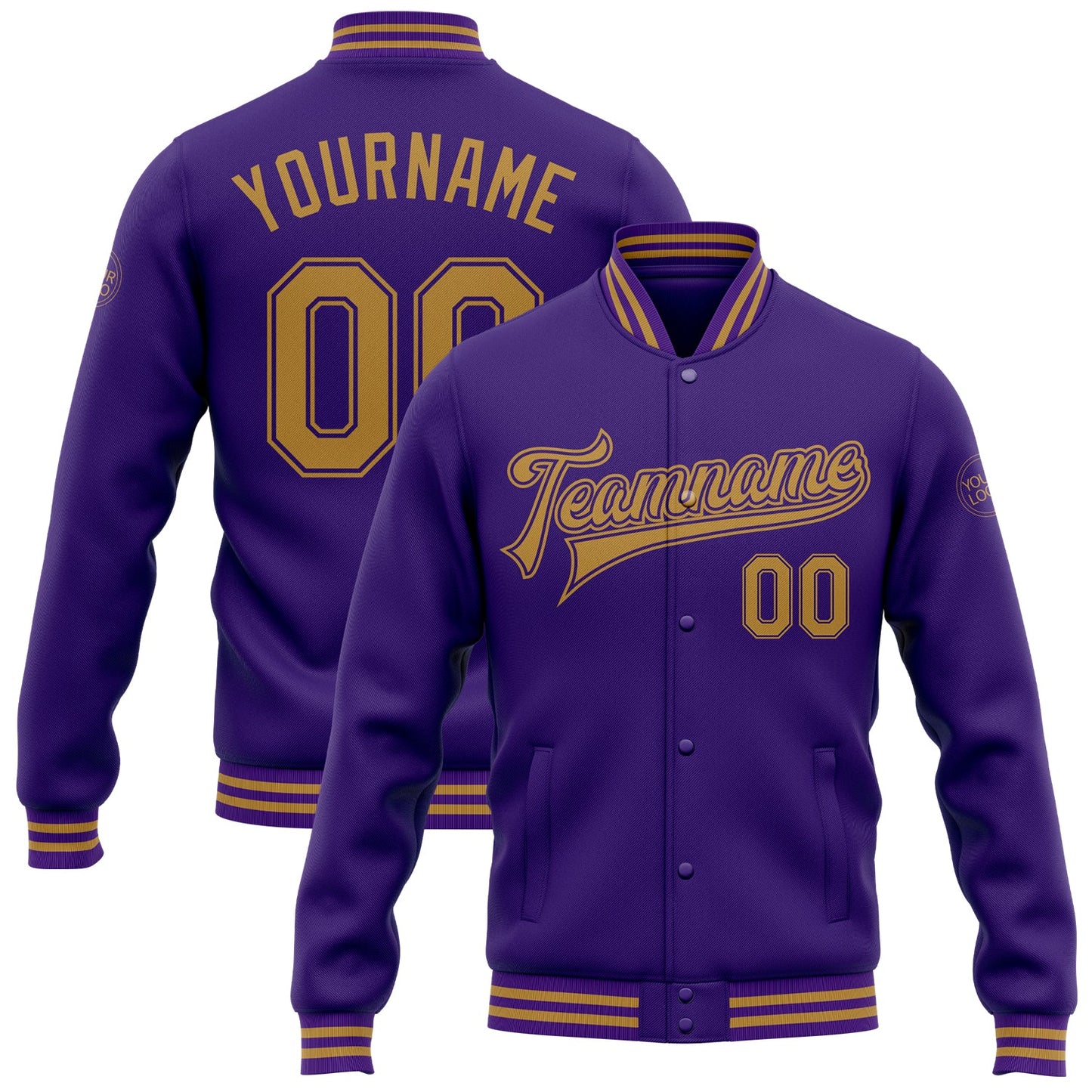 Custom Purple Old Gold Bomber Full-Snap Varsity Letterman Jacket - Main View