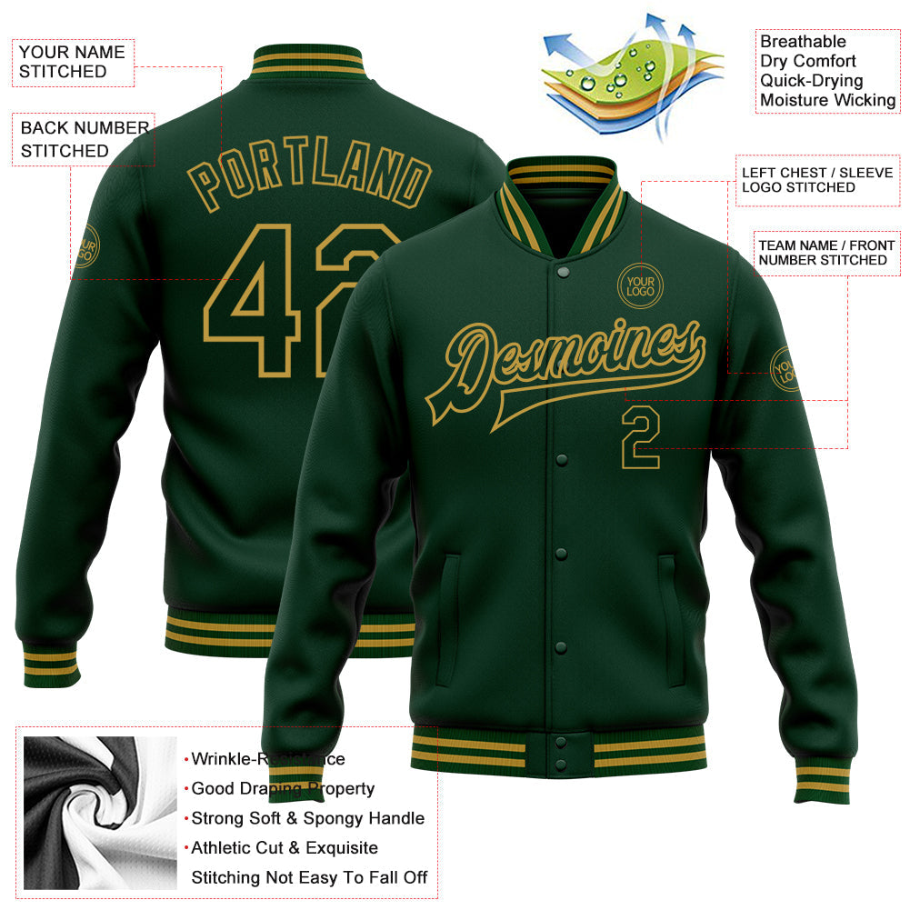 Custom Green Old Gold Bomber Full-Snap Varsity Letterman Jacket view 4