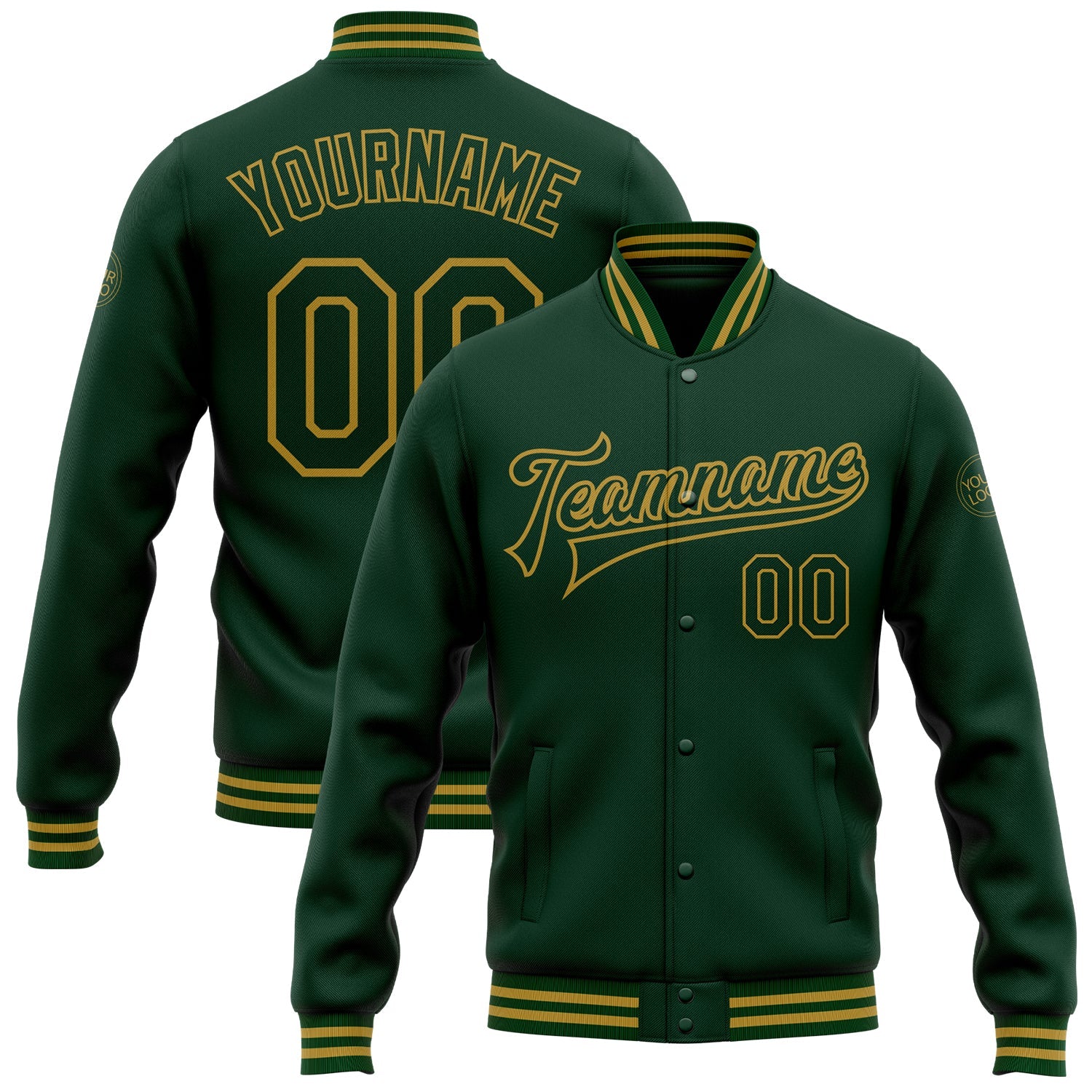 Custom Green Old Gold Bomber Full-Snap Varsity Letterman Jacket - Main View