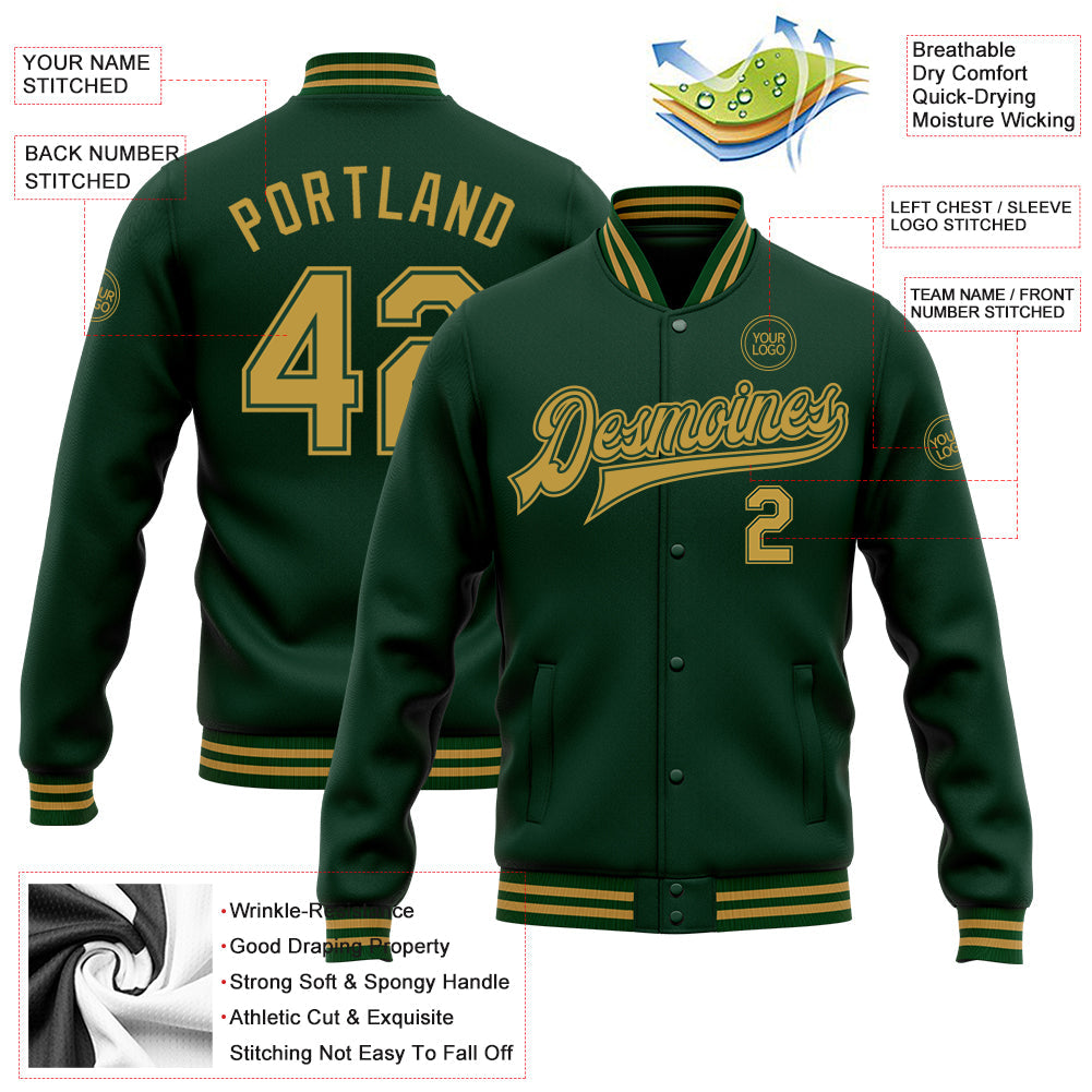 Custom Green Old Gold Bomber Full-Snap Varsity Letterman Jacket view 4