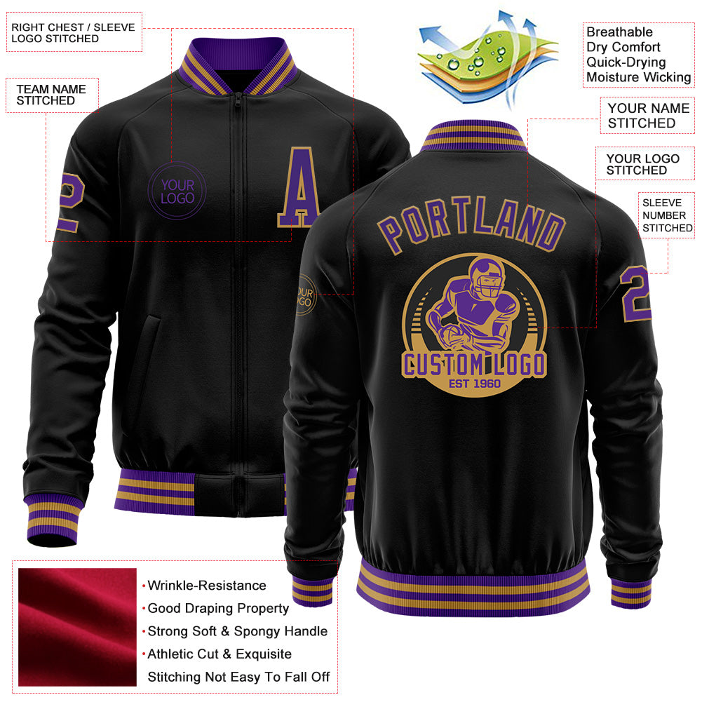 Custom Black Purple-Old Gold Bomber Varsity Letterman Zipper Jacket view 4