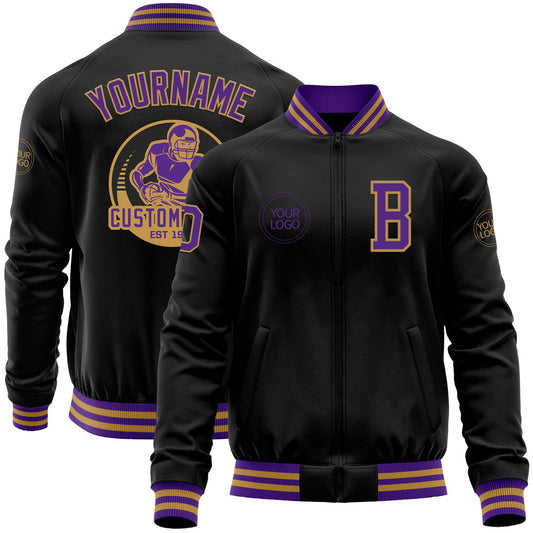 Custom Black Purple-Old Gold Bomber Varsity Letterman Zipper Jacket - Main View