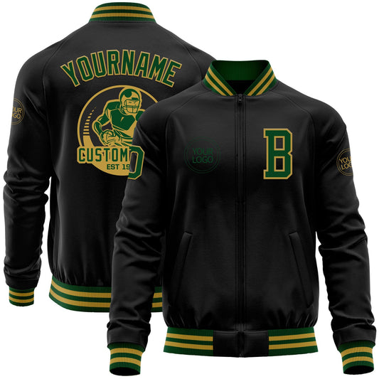 Custom Black Green-Old Gold Bomber Varsity Letterman Zipper Jacket - Main View