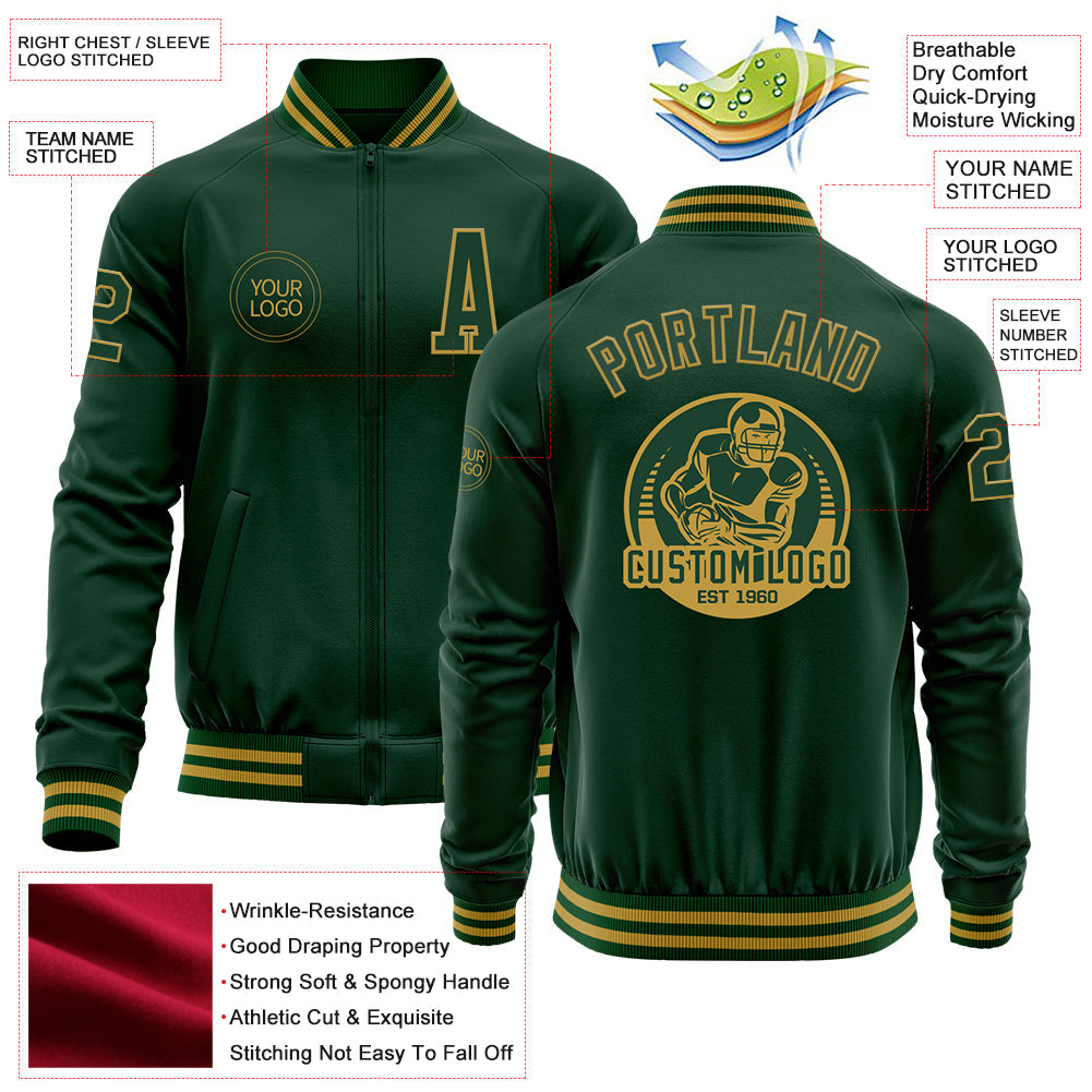 Custom Green Old Gold Bomber Varsity Letterman Zipper Jacket view 4