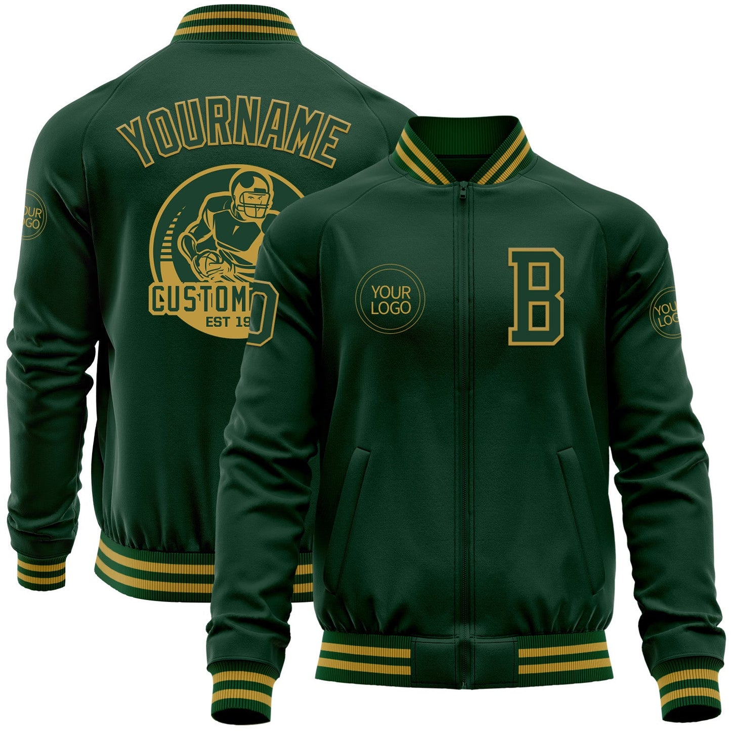 Custom Green Old Gold Bomber Varsity Letterman Zipper Jacket - Main View
