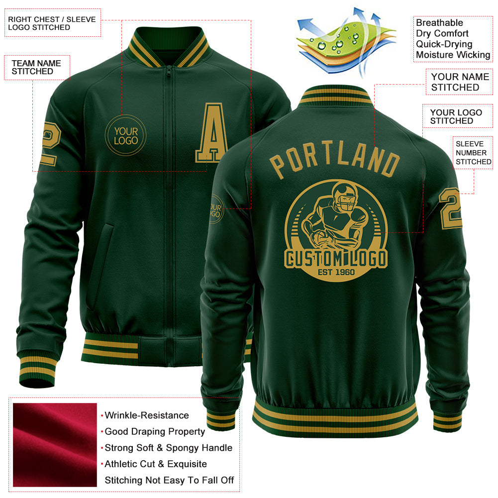Custom Green Old Gold Bomber Varsity Letterman Zipper Jacket view 4