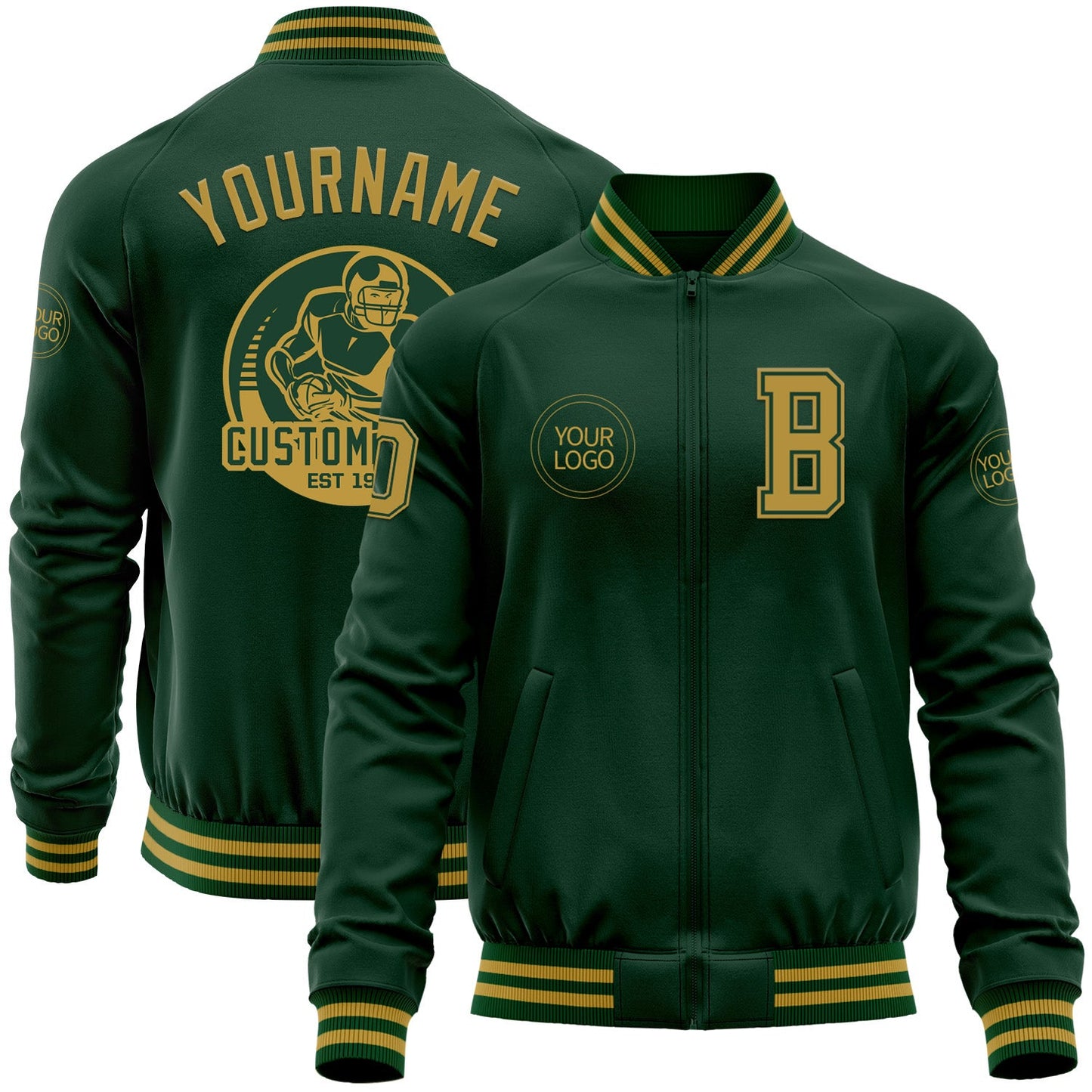 Custom Green Old Gold Bomber Varsity Letterman Zipper Jacket - Main View