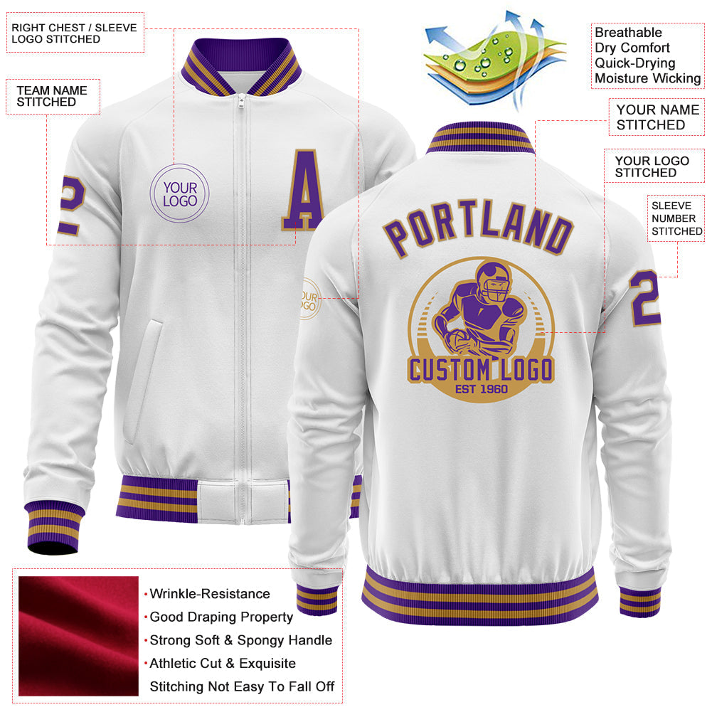 Custom White Purple-Old Gold Bomber Varsity Letterman Zipper Jacket view 4