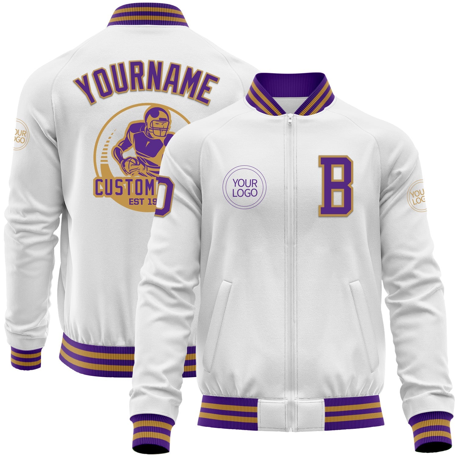 Custom White Purple-Old Gold Bomber Varsity Letterman Zipper Jacket - Main View