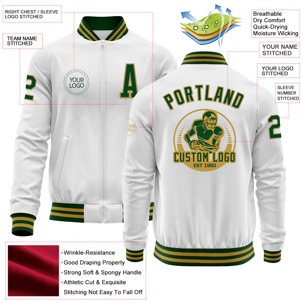 Custom White Green-Old Gold Bomber Varsity Letterman Zipper Jacket view 4