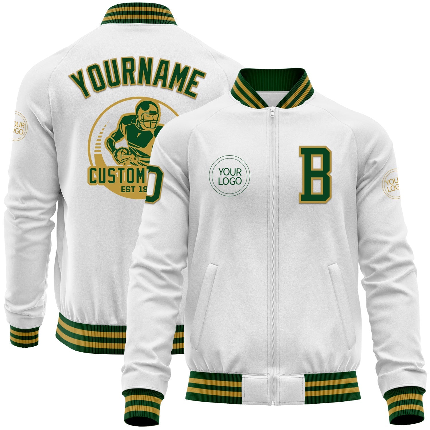 Custom White Green-Old Gold Bomber Varsity Letterman Zipper Jacket - Main View