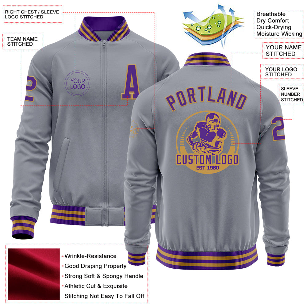 Custom Gray Purple-Old Gold Bomber Varsity Letterman Zipper Jacket view 4