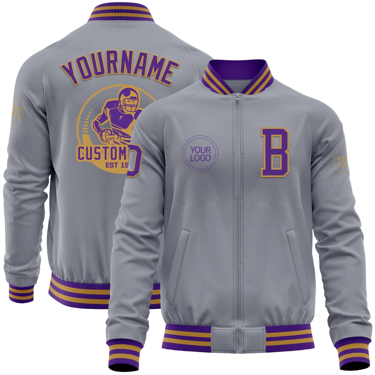 Custom Gray Purple-Old Gold Bomber Varsity Letterman Zipper Jacket - Main View
