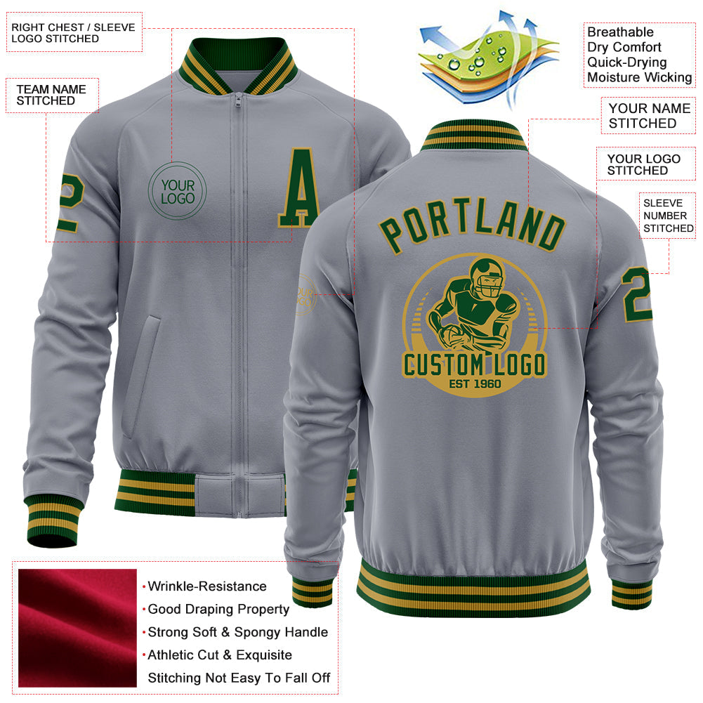 Custom Gray Green-Old Gold Bomber Varsity Letterman Zipper Jacket view 4