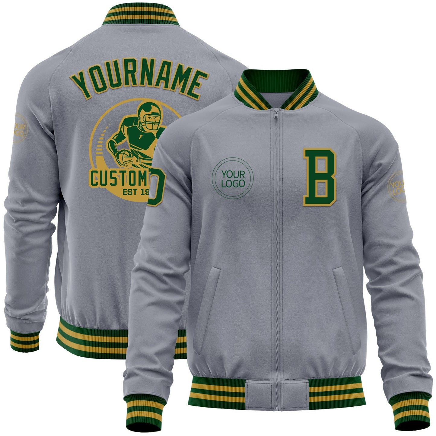 Custom Gray Green-Old Gold Bomber Varsity Letterman Zipper Jacket - Main View