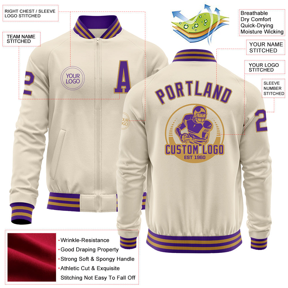 Custom Cream Purple-Old Gold Bomber Varsity Letterman Zipper Jacket view 4