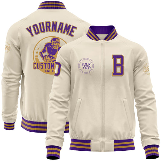 Custom Cream Purple-Old Gold Bomber Varsity Letterman Zipper Jacket - Main View