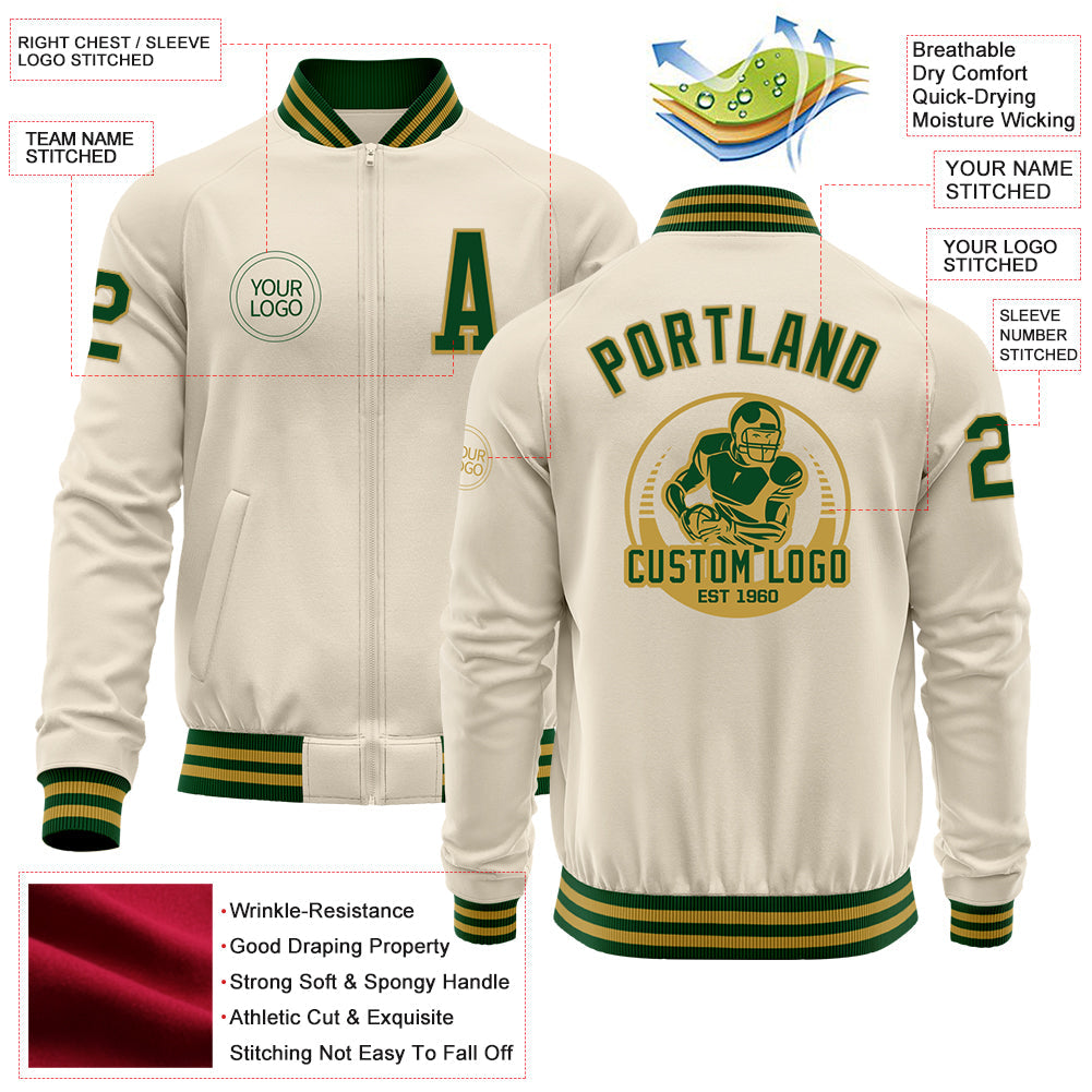 Custom Cream Green-Old Gold Bomber Varsity Letterman Zipper Jacket view 4