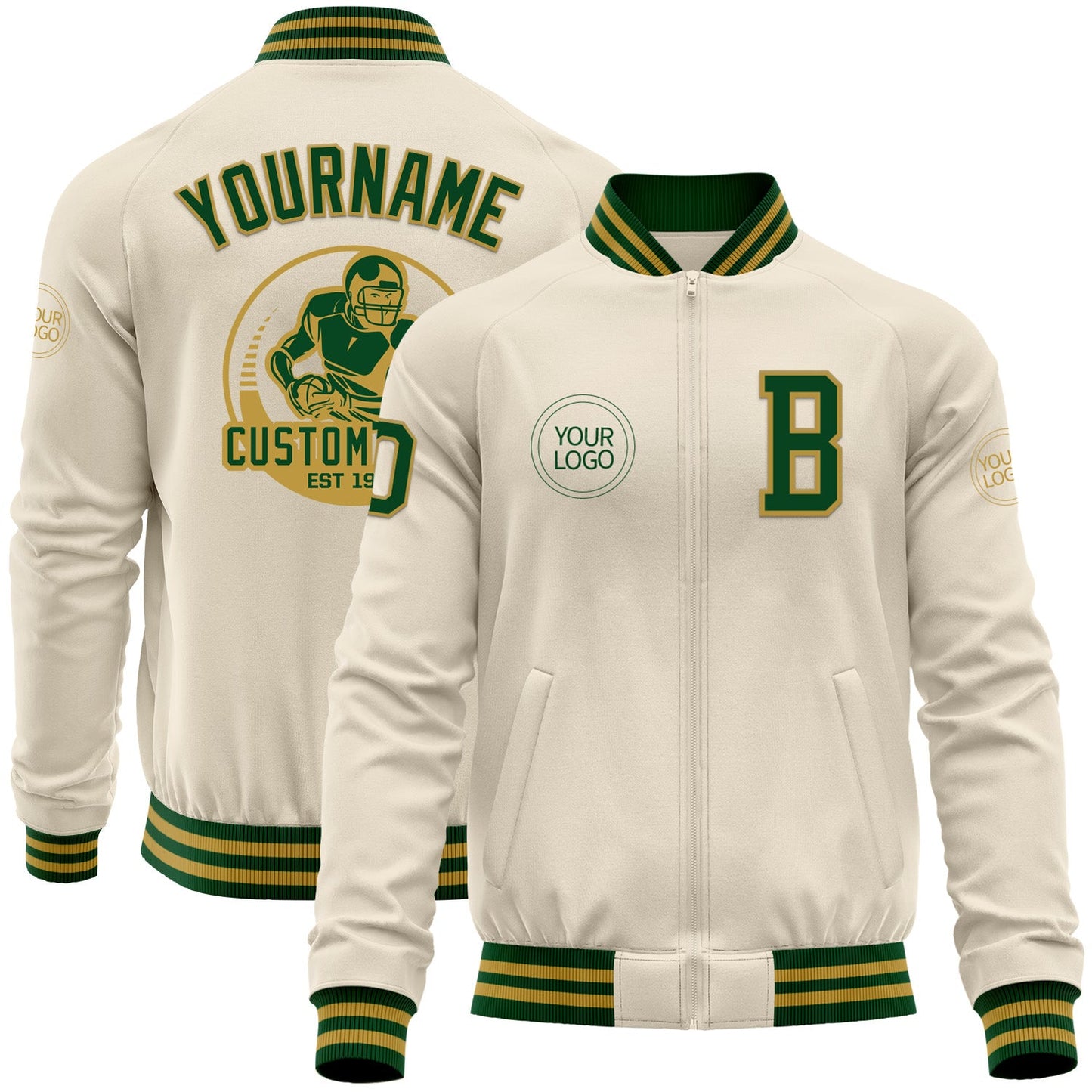 Custom Cream Green-Old Gold Bomber Varsity Letterman Zipper Jacket - Main View