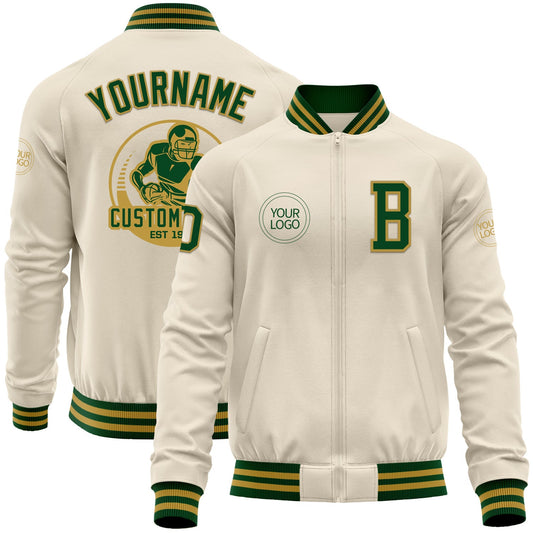 Custom Cream Green-Old Gold Bomber Varsity Letterman Zipper Jacket - Main View