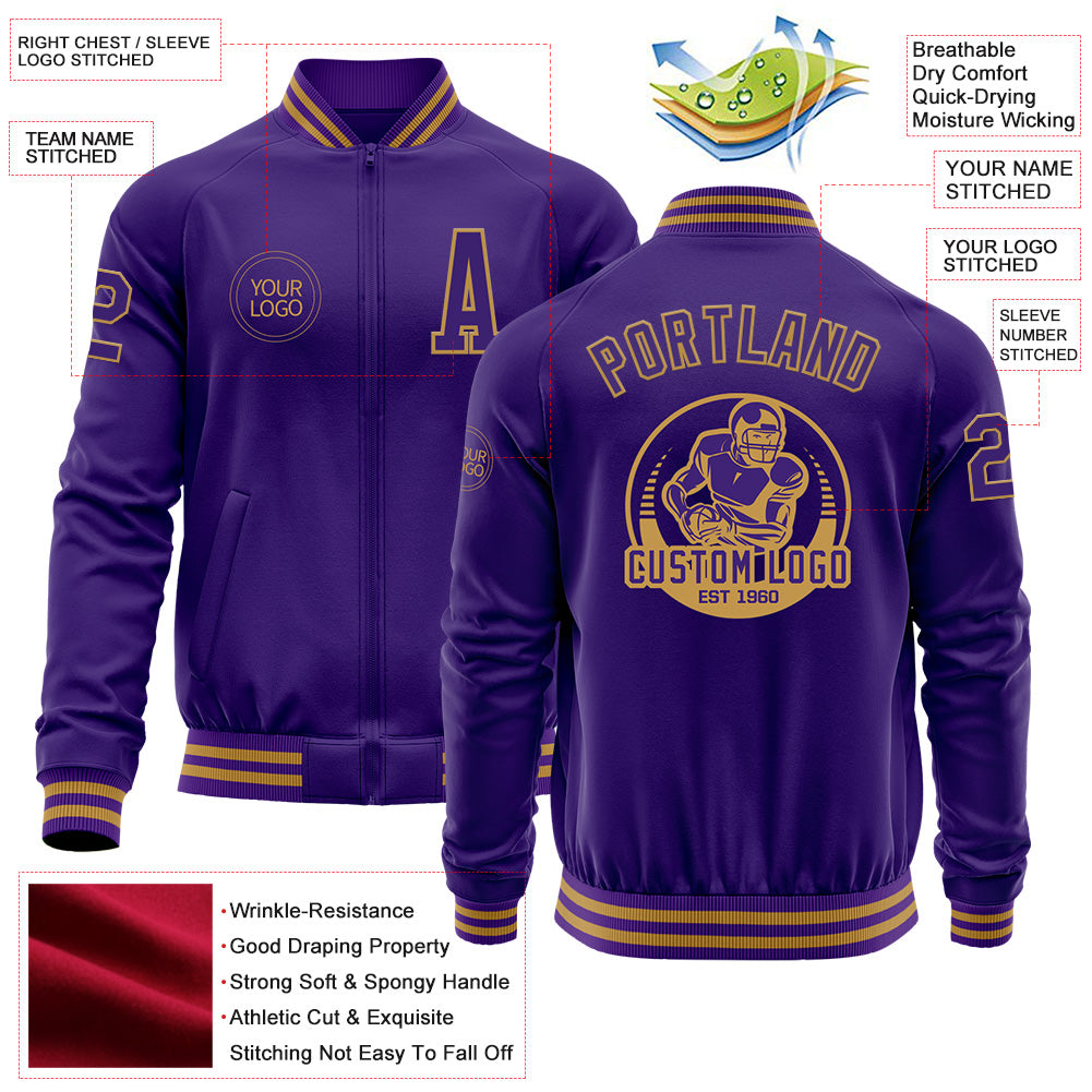 Custom Purple Old Gold Bomber Varsity Letterman Zipper Jacket view 4
