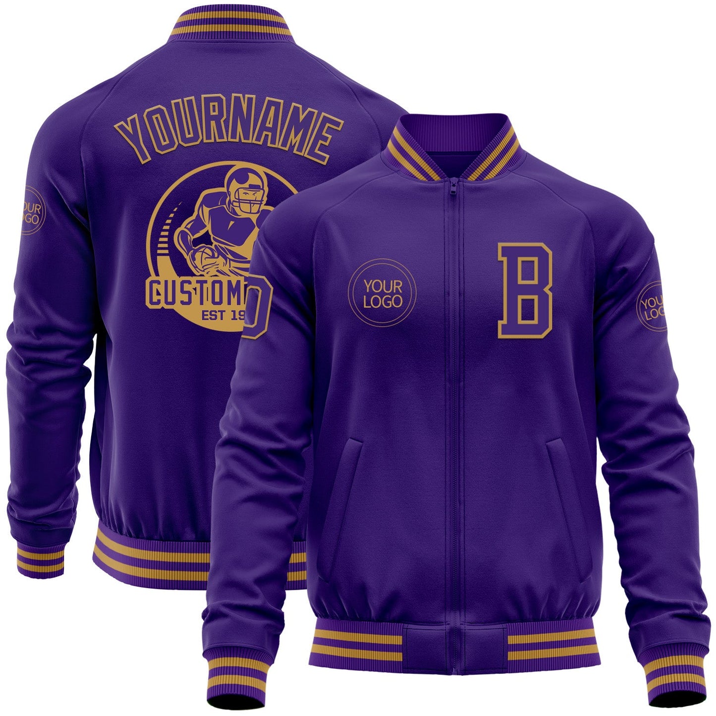 Custom Purple Old Gold Bomber Varsity Letterman Zipper Jacket - Main View
