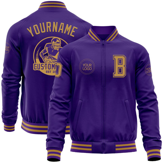 Custom Purple Old Gold Bomber Varsity Letterman Zipper Jacket - Main View