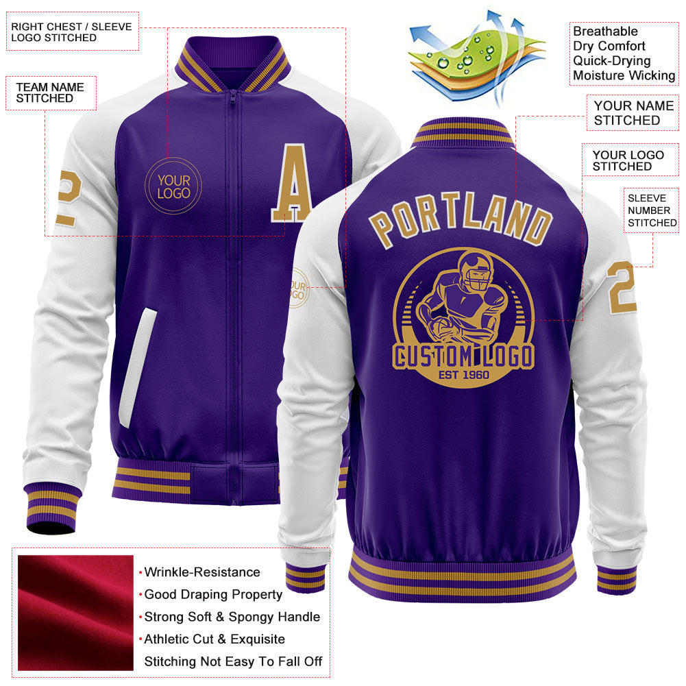 Custom Purple Old Gold-White Bomber Varsity Letterman Two Tone Zipper Jacket view 4
