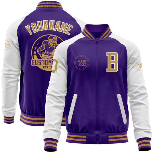 Custom Purple Old Gold-White Bomber Varsity Letterman Two Tone Zipper Jacket - Main View