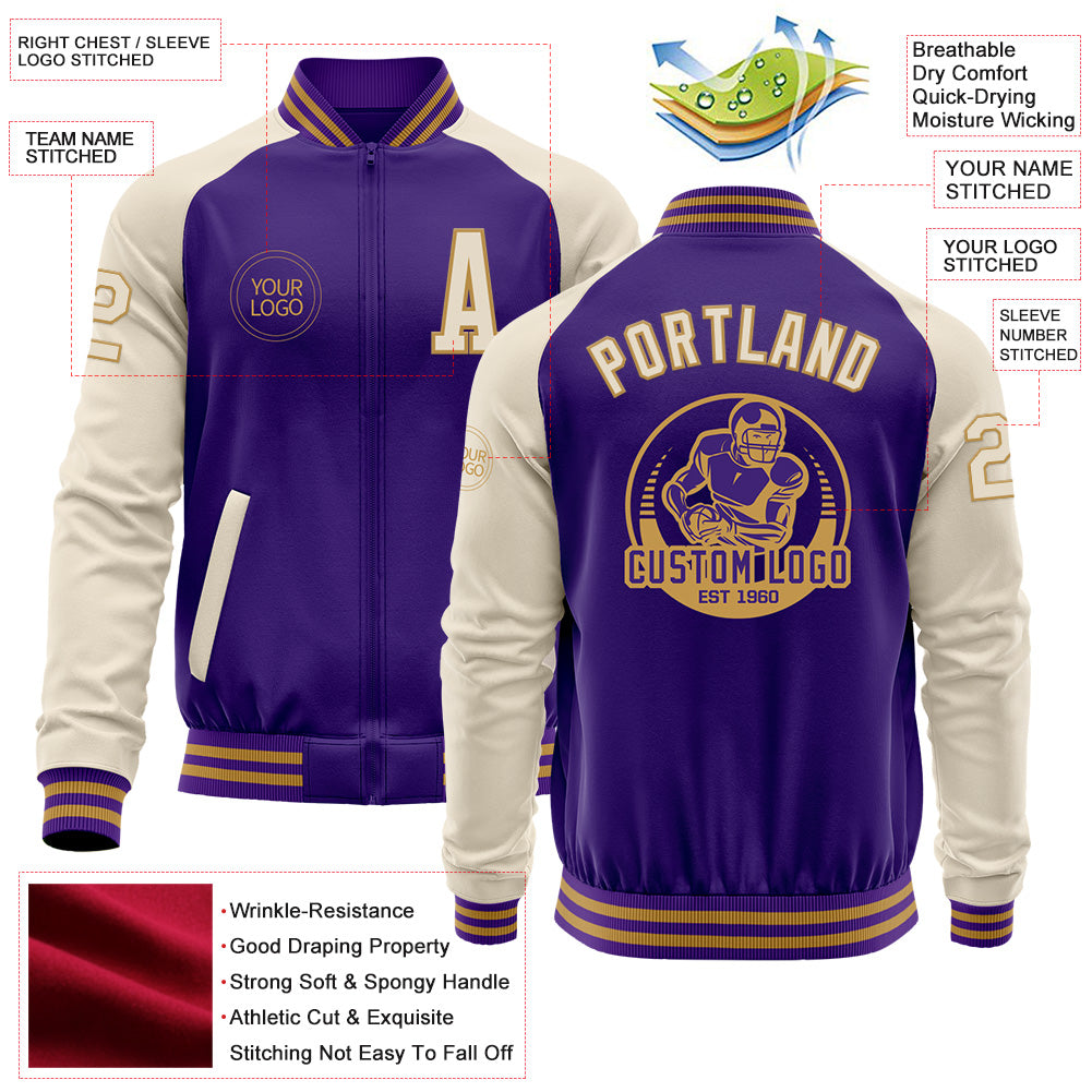 Custom Purple Cream-Old Gold Bomber Varsity Letterman Two Tone Zipper Jacket view 4