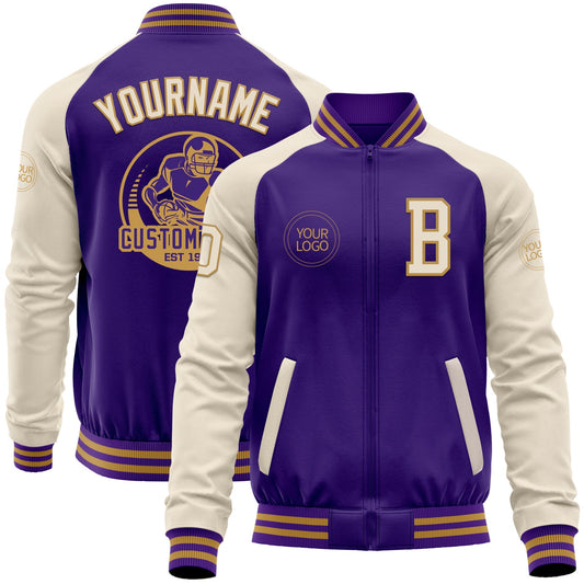 Custom Purple Cream-Old Gold Bomber Varsity Letterman Two Tone Zipper Jacket - Main View