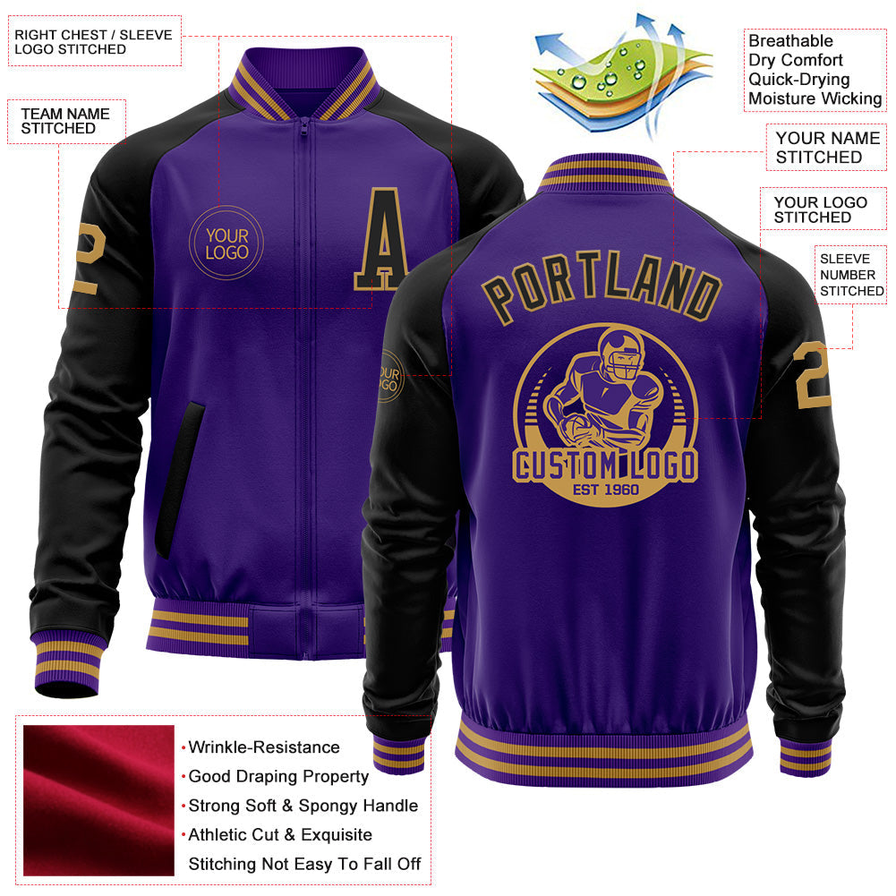 Custom Purple Black-Old Gold Bomber Varsity Letterman Two Tone Zipper Jacket view 4