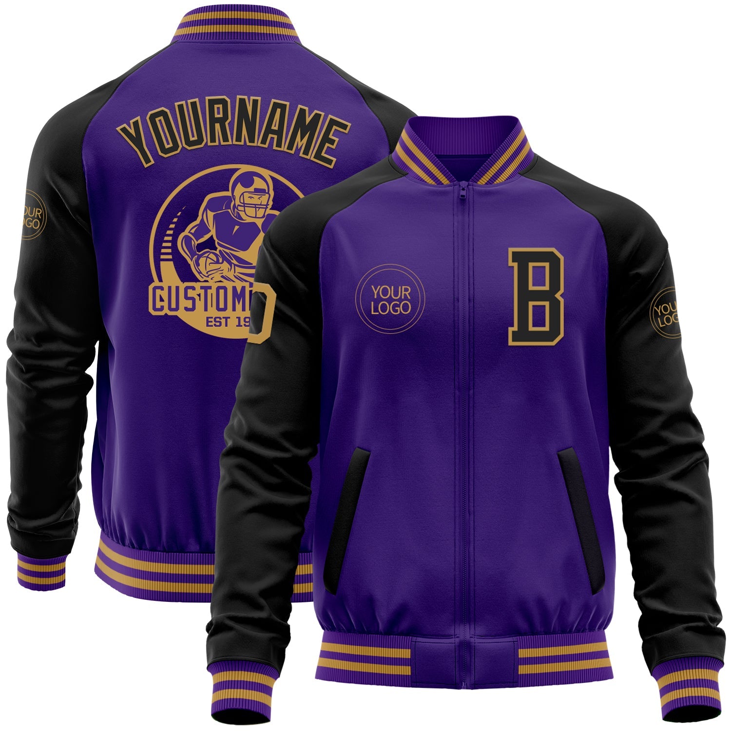 Custom Purple Black-Old Gold Bomber Varsity Letterman Two Tone Zipper Jacket - Main View