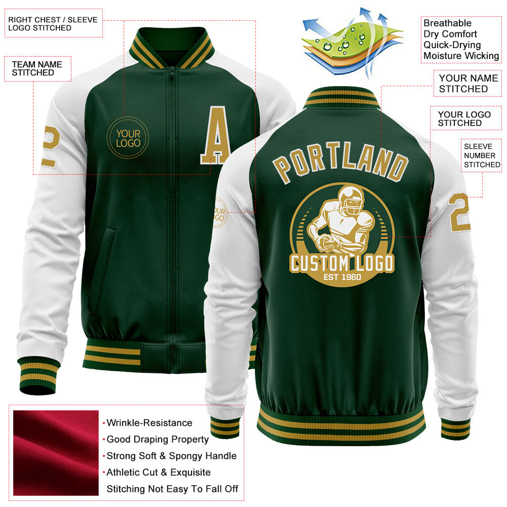 Custom Green Old Gold-White Bomber Varsity Letterman Two Tone Zipper Jacket view 4