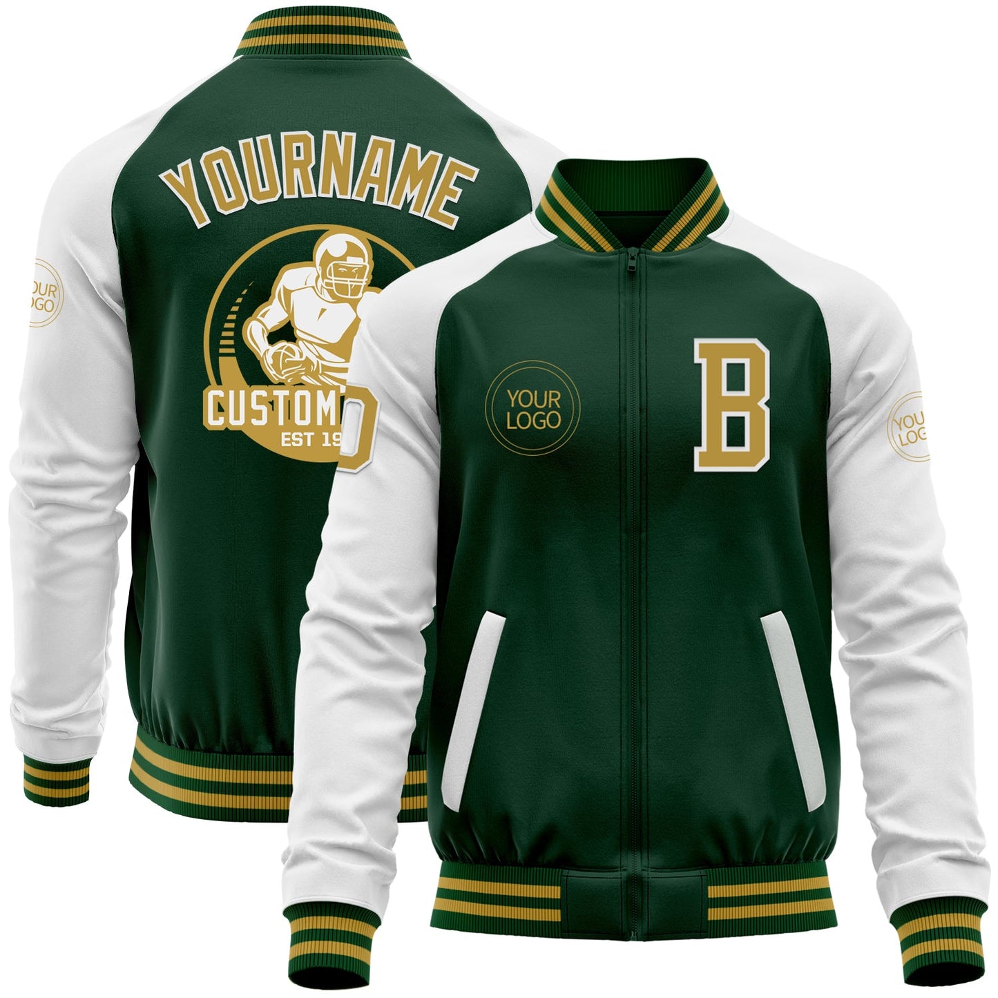 Custom Green Old Gold-White Bomber Varsity Letterman Two Tone Zipper Jacket - Main View
