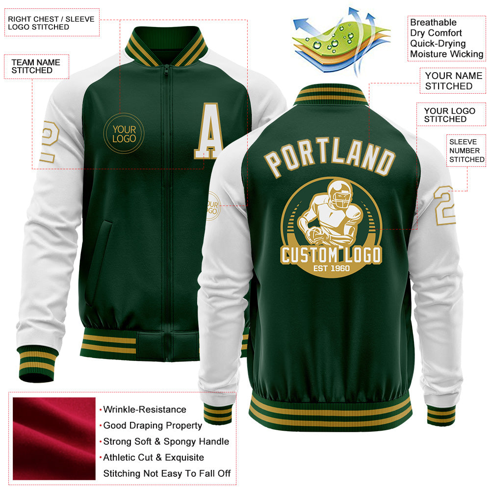 Custom Green White-Old Gold Bomber Varsity Letterman Two Tone Zipper Jacket view 4